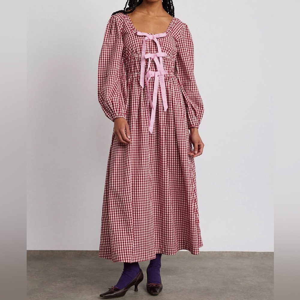 Long Sleeve Pink Gingham Maxi Dress with Tie Front
